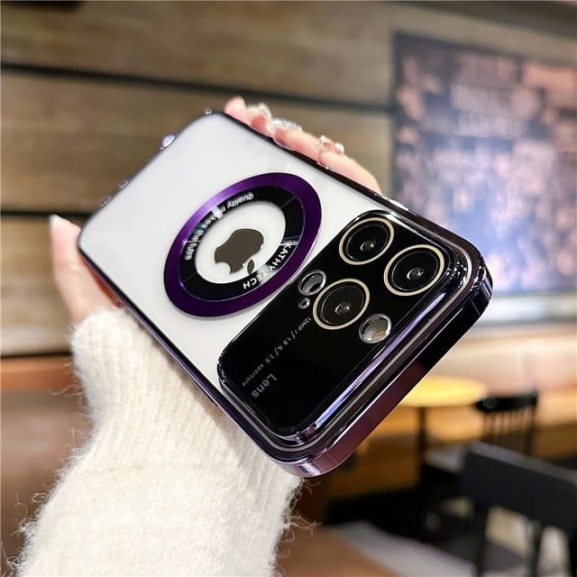Magsafe For Large Window Logo Hole Case For iPhone 11 14 13 12 15 16 Pro Max 15 14 16 Plus Camera Protector Charging Cover Dark Purple For iphone 12