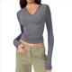 thumbnail image 1 of Camisas de Larga de Moda para Mujer, Blusas de Otoño con Cuello en V, Ajustadas y Recortadas, Conjuntos Y2K. Gris XL, 1 of 7