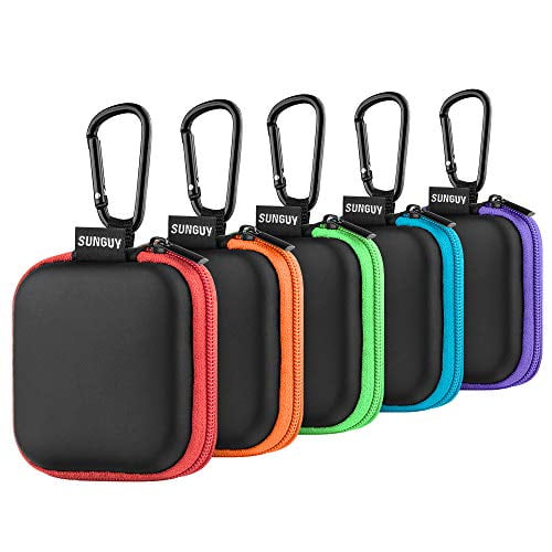 Earbuds case, SUNgUY5Pack Portable Small Earbud carrying case Storage Bag with carabiner clip for Earphone, Earbud, Earpieces, SD Memory card, camera chips