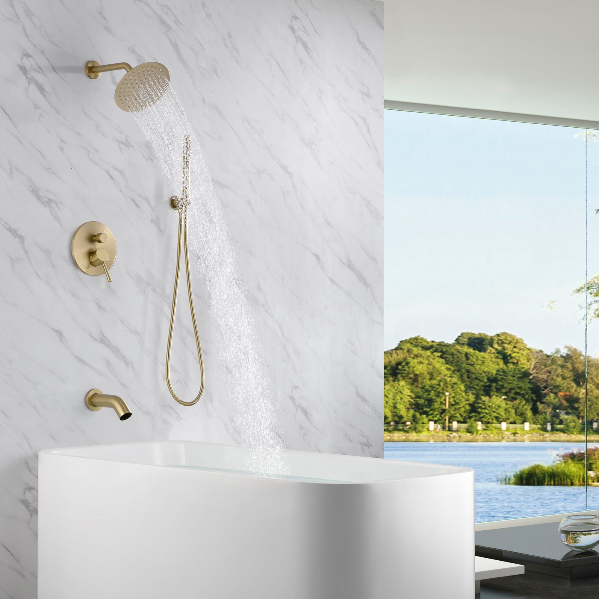 SUMERAIN Shower System with Tub Spout and Handheld Shower, Brass Rain Shower Tub Set with 8 Inches Shower Head and Rough in Valve Brushed Gold