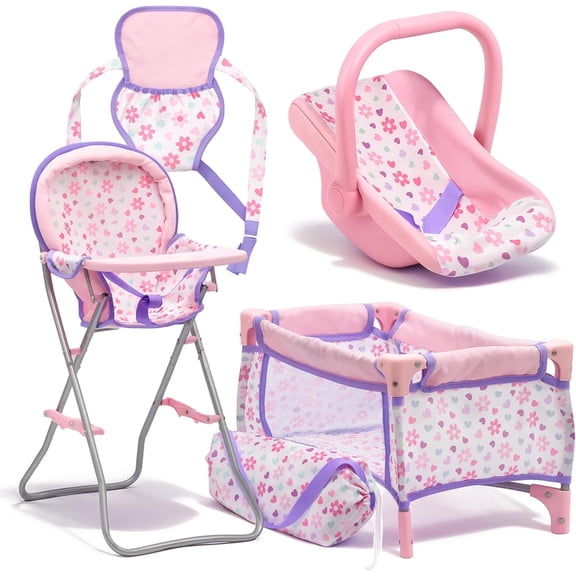 Dolls To Play Baby Doll Nursery Playset 4-Piece Set Bed Carrier High Chair Rocking Seat for 12-18 Inch Dolls, Kids Role Play Toy Purple