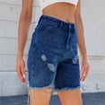 thumbnail image 4 of Pantalones cortos de mezclilla rasgados for mujer, pantalones cortos de verano de talle alto informales desgastados con pantalones cortos dobles pantalones vaqueros con dobladillo crudo deshilachados, 4 of 7