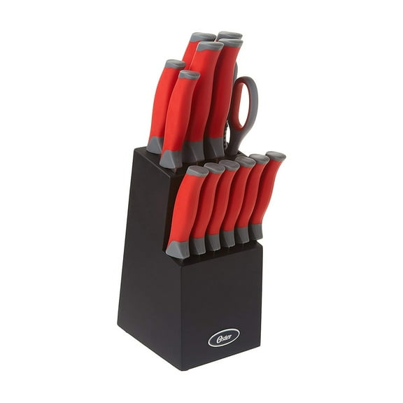 Oster Lindbergh 14 Piece Stainless Steel Cutlery Set Black Block, Red/Black