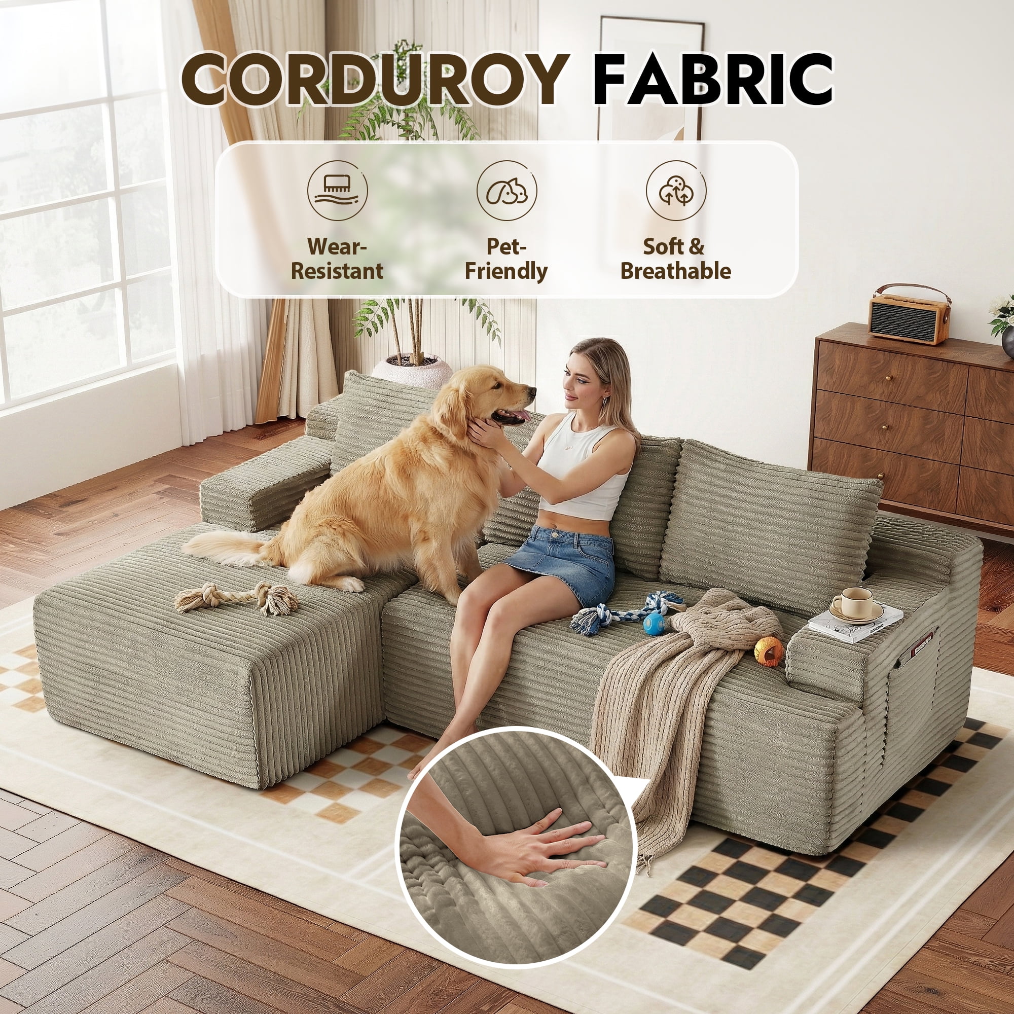 Aukfa 96" L-Shaped Cloud Sectional Sofa, Modular Boneless Couch with Deep Seat, Left-Facing Chaise, Corduroy Sleeper Sofa for Living Room, Camel