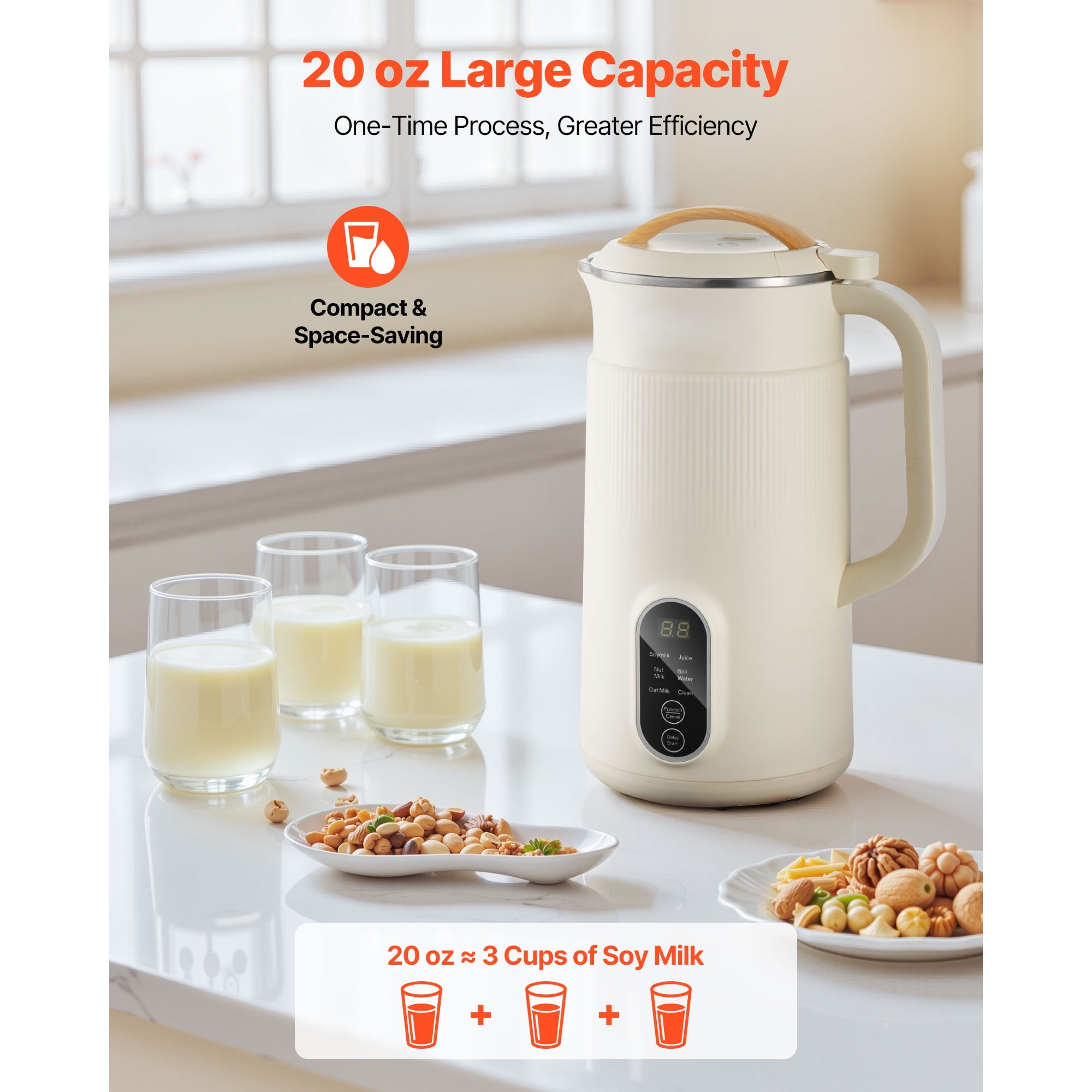 KFFKFF 6-in-1 Nut Milk Maker, 20 oz Soy Milk Machine with 6 Blades, Ideal for Homemade Oat, Nut, Soy, Juice, Plant-Based and Non-Dairy Drinks, Features High-Temp Self-Cleaning, Boil Function