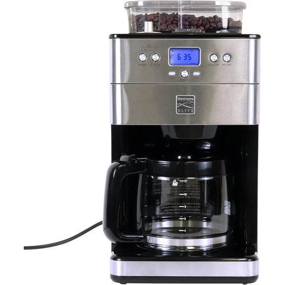 Kenmore Elite Grind and Brew Coffee Maker w/ Burr Grinder, 12 Cup Programmable Automatic Timer Brew Coffee Machine, Air-Tight Bean Hopper, Grind Size and Brew Strength Selectors, Stainless Steel