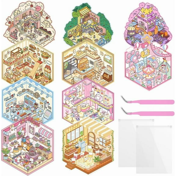 10 Sets Fun 3D Sticker Scene Stickers with Tweezers, DIY 3D Miniature Scenewith 2Pcs Storage Bags for Adults, Cute Cartoon House Stickers, Make Your Own Sticker Bakery Restaurant Party Candy