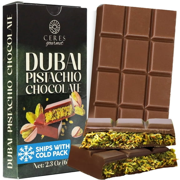 Ceres Gourmet Dubai Chocolate Bar, Pistachio Chocolate Knafeh Bar – 2.3oz (65g), Perfect Snack & Treat