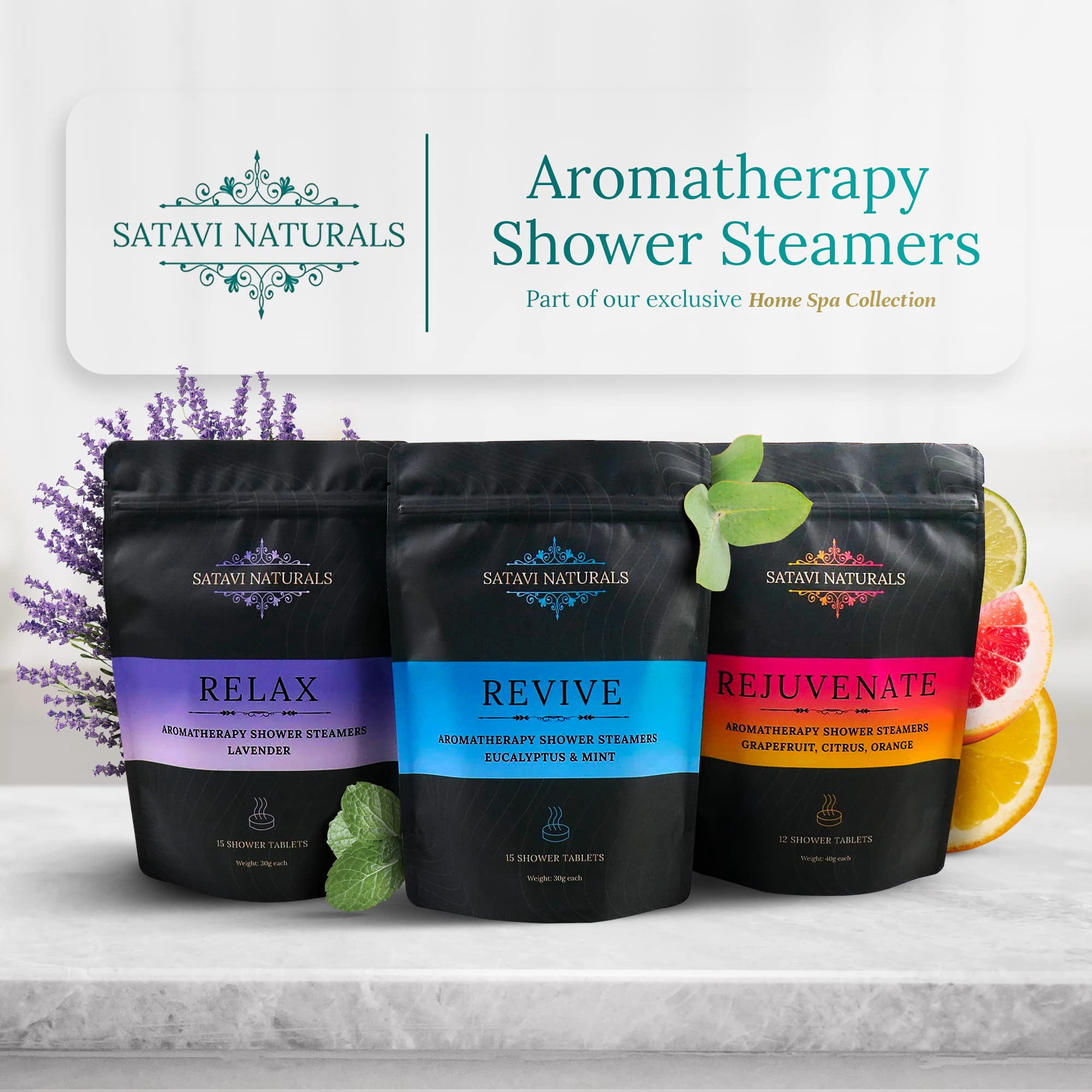Satavi Naturals Aromatherapy Shower Steamers (12-Pack) Rejuvenate - Grapefruit, Citrus, Orange Scented Vapor Tabs for Self-Care, Aromatic Shower Bath Bombs, Natural Essential Oils for Women & Men
