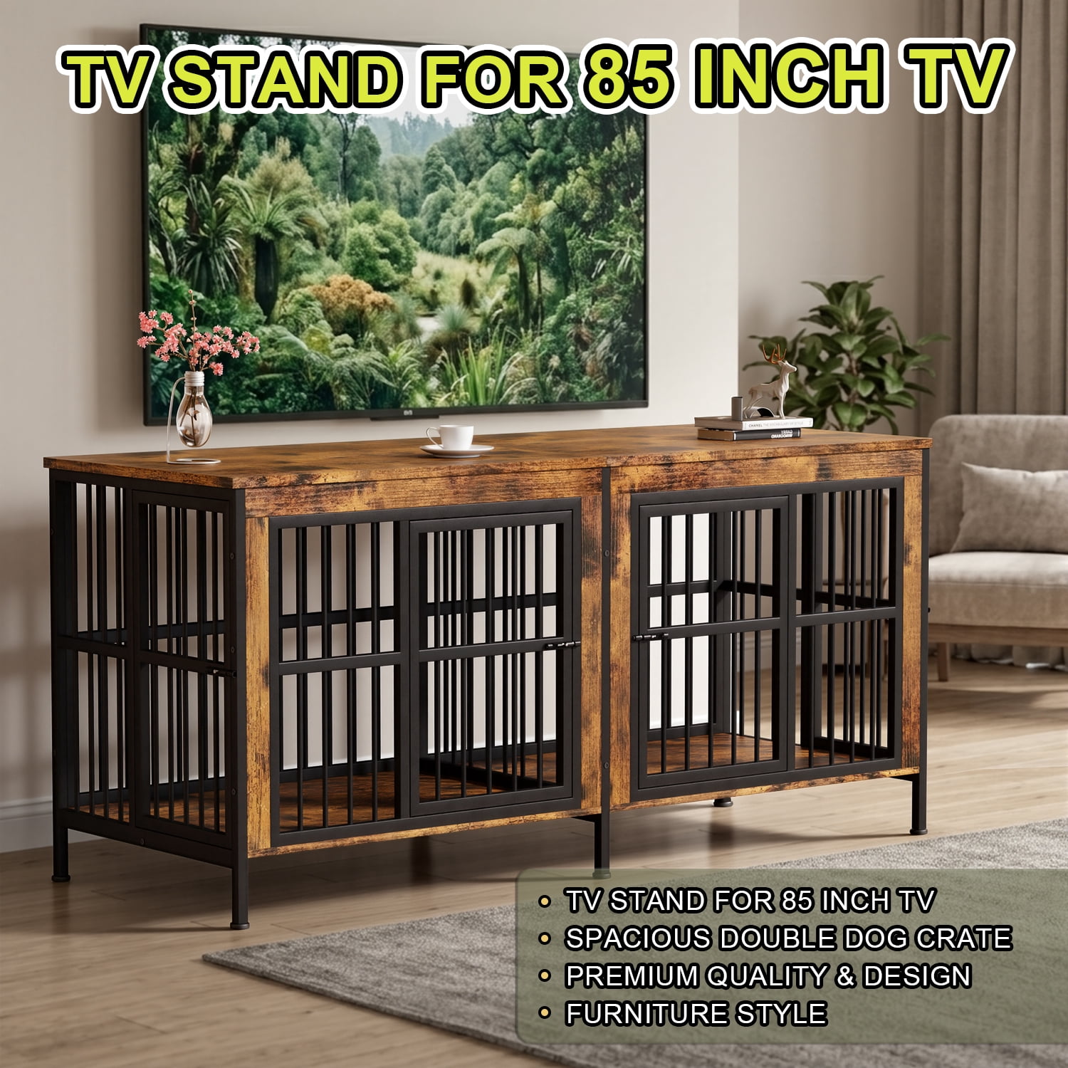 YOKWOK 78 Inch Dog Crate Furniture for Large Dogs with Sturdy Removable Divider, Extra Large Double Doors Dog Kennel Furniture,Thick Wooden Dog cage Furniture, Brown