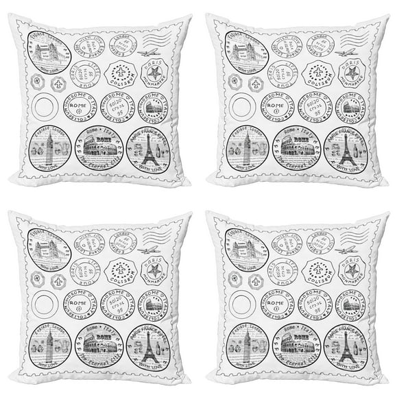 Ambesonne Travel Throw Pillow Cover 4 Pack, Stamps Famous Landmarks, 18", Black White