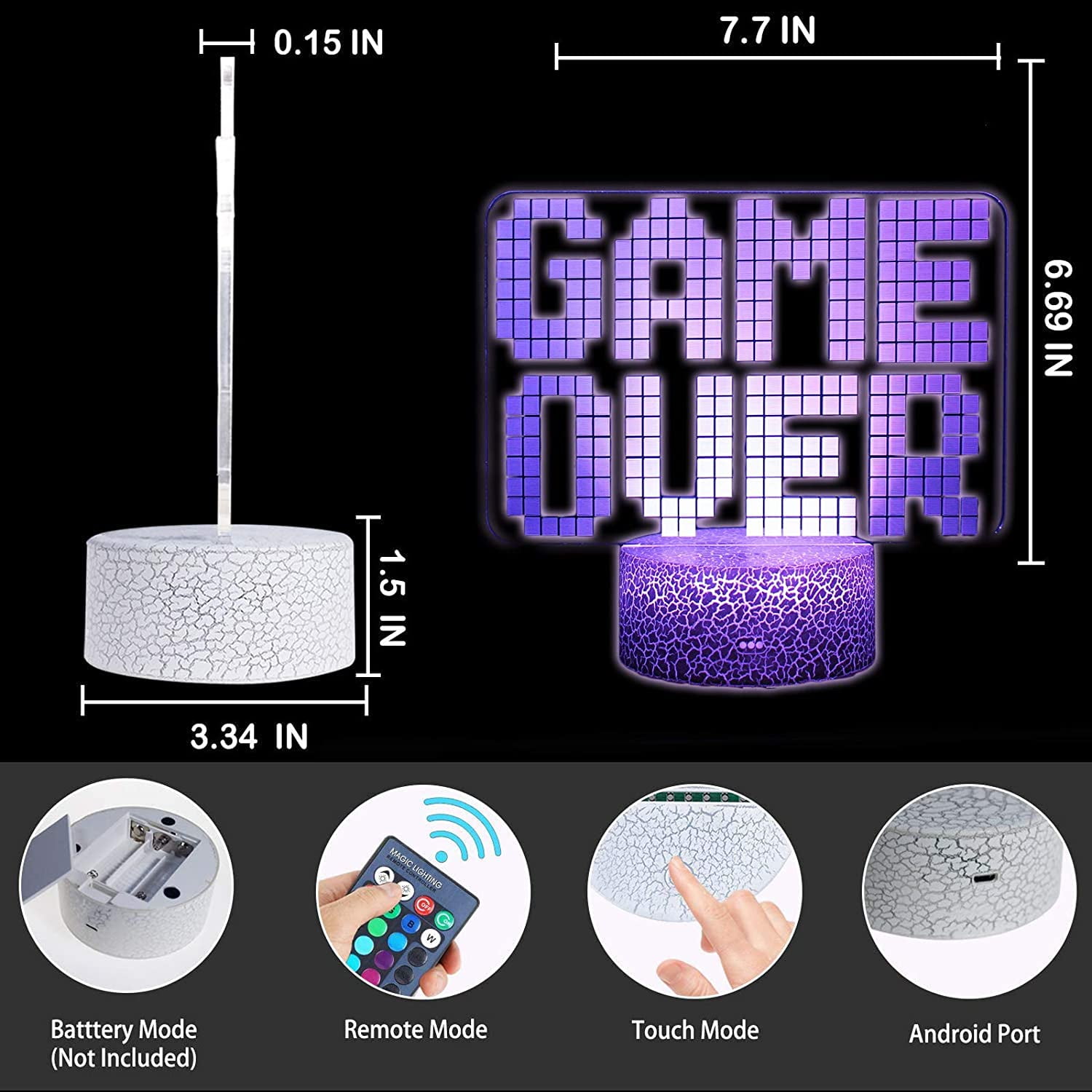 GAME OVER Lamp LED Man Cave Gaming Night Light Illusion Lamp