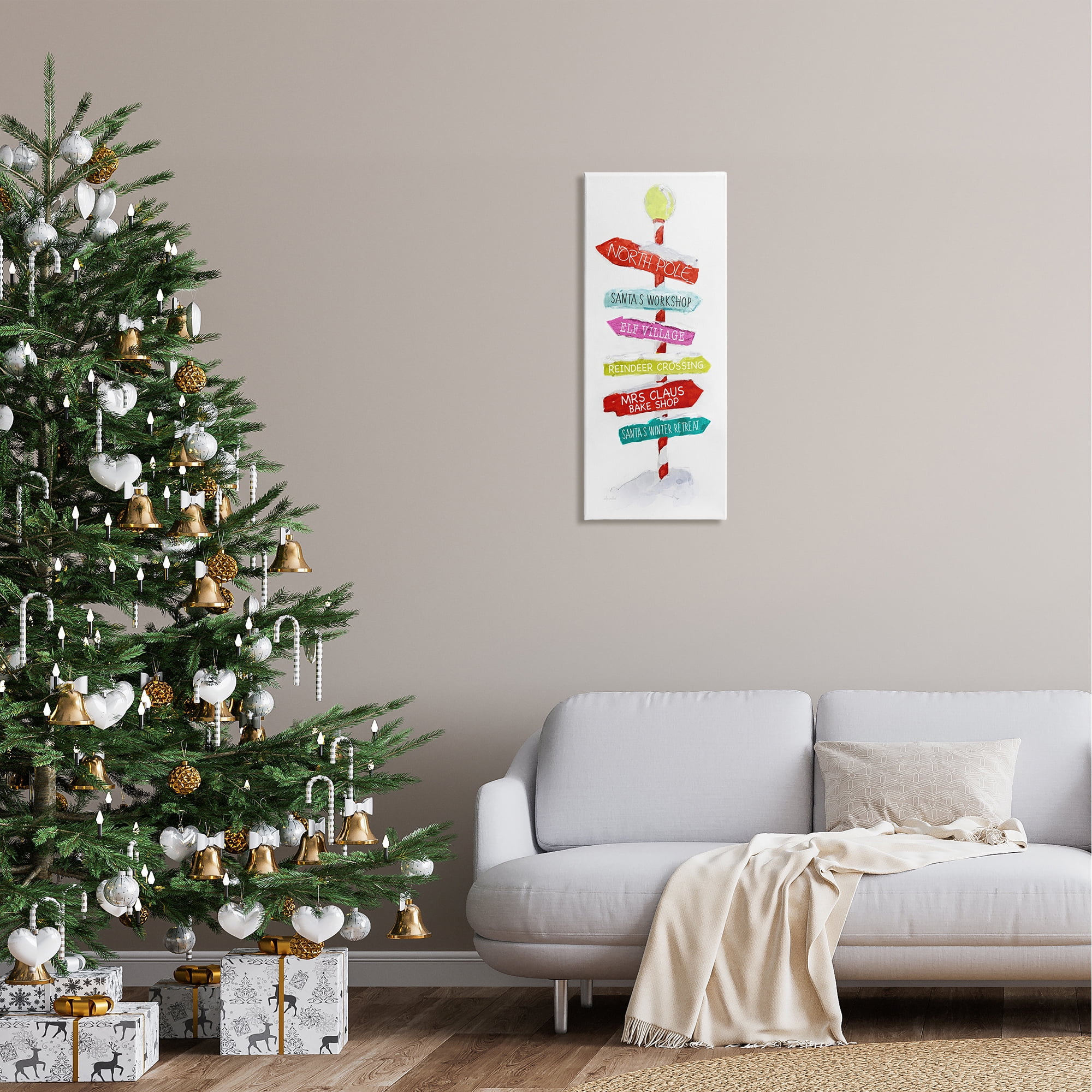 Stupell Industries Holiday Directional Sign Holiday Painting Gallery Wrapped Canvas Art Print Wall Art, 13 x 30