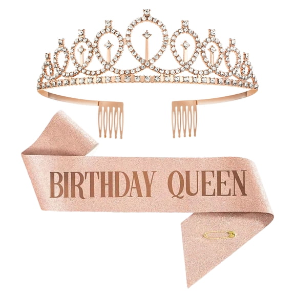 DESIGNICE Birthday Sash and Crown,Exquisite Alloy Diamonds Birthday Crown,Crowns for Women with Comb,Princess Tiara for Parties,Cosplay,Weddings,Rosegold