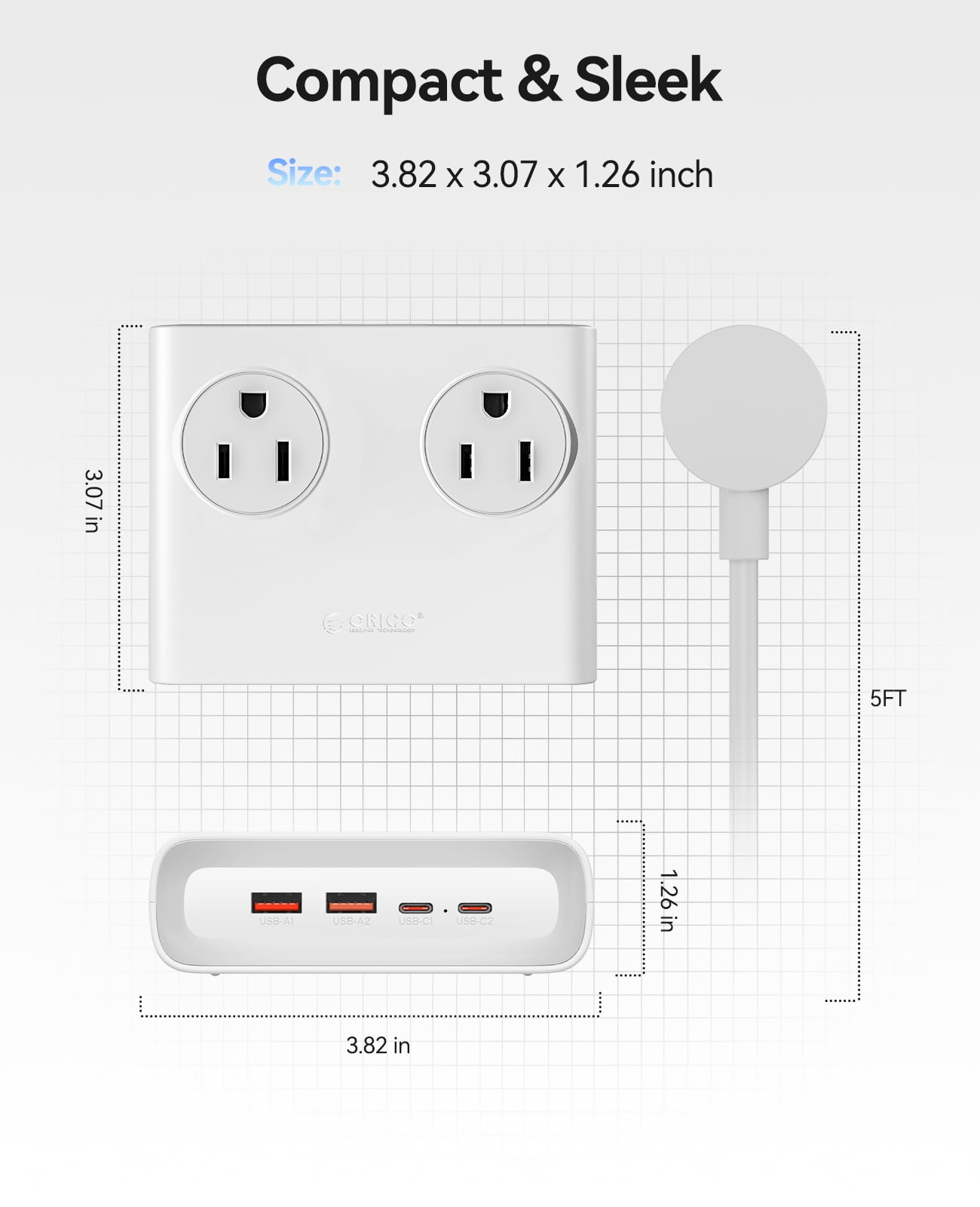 ORICO 25W GaN 8-in-1 Power Strip with 4 AC Outlets & 4 USB Ports (USB-A/USB-C), 5ft Flat Plug Outlet Extender for Home Office Travel(WHITE)