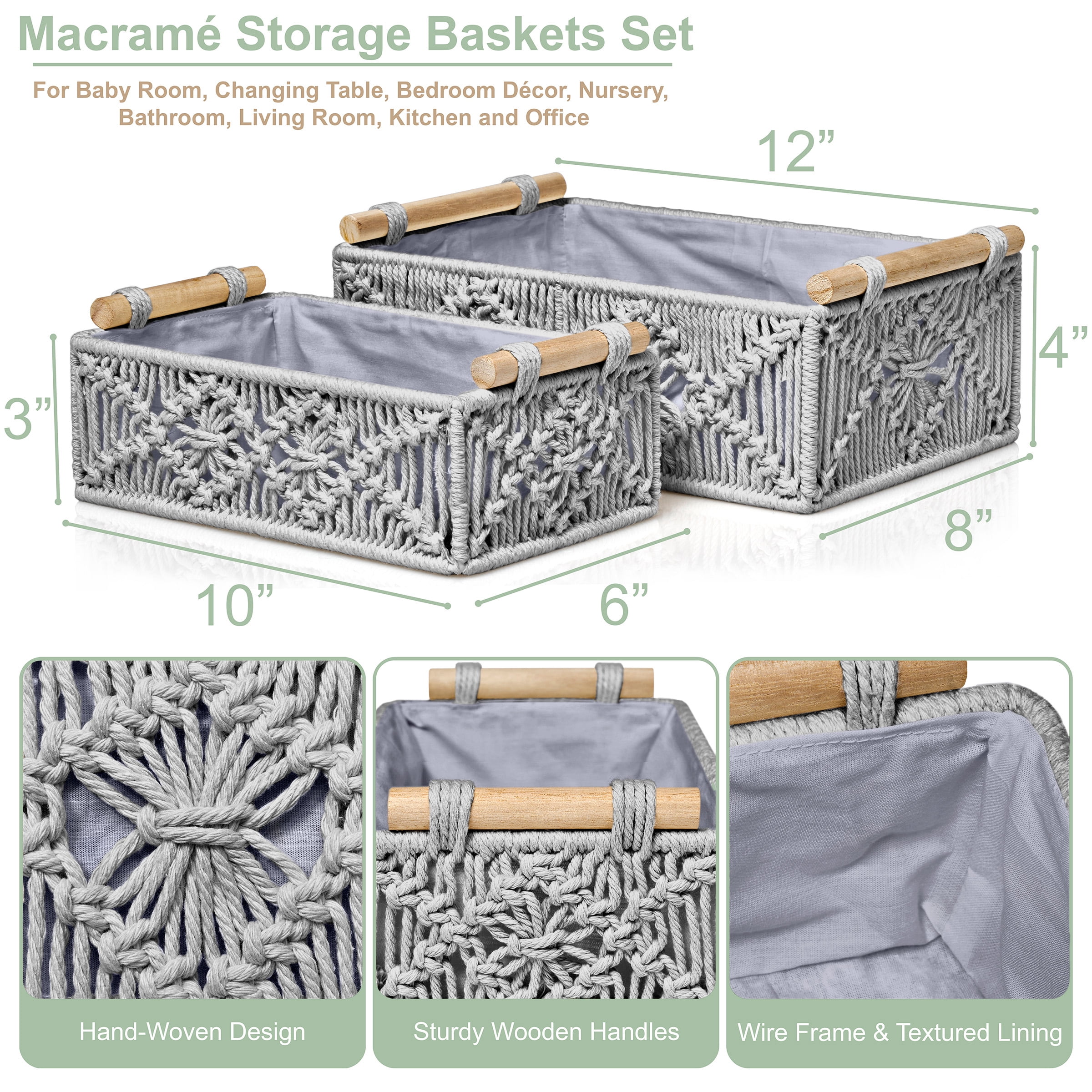 Sorbus Macrame Boho Baskets – 2-Pack Charcoal Gray Lined Baby & Nursery Storage for Diapers, Clothes