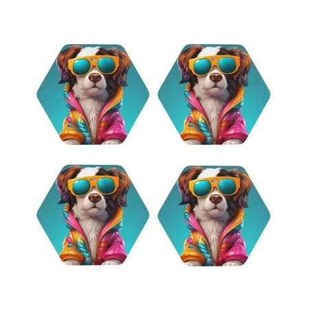

Tebeau Colorful Sunglasses Dog Print Set of 4 Leather Drink Coasters Round Cup Mat Pad for Home and Kitchen Use 4 -Hexagon