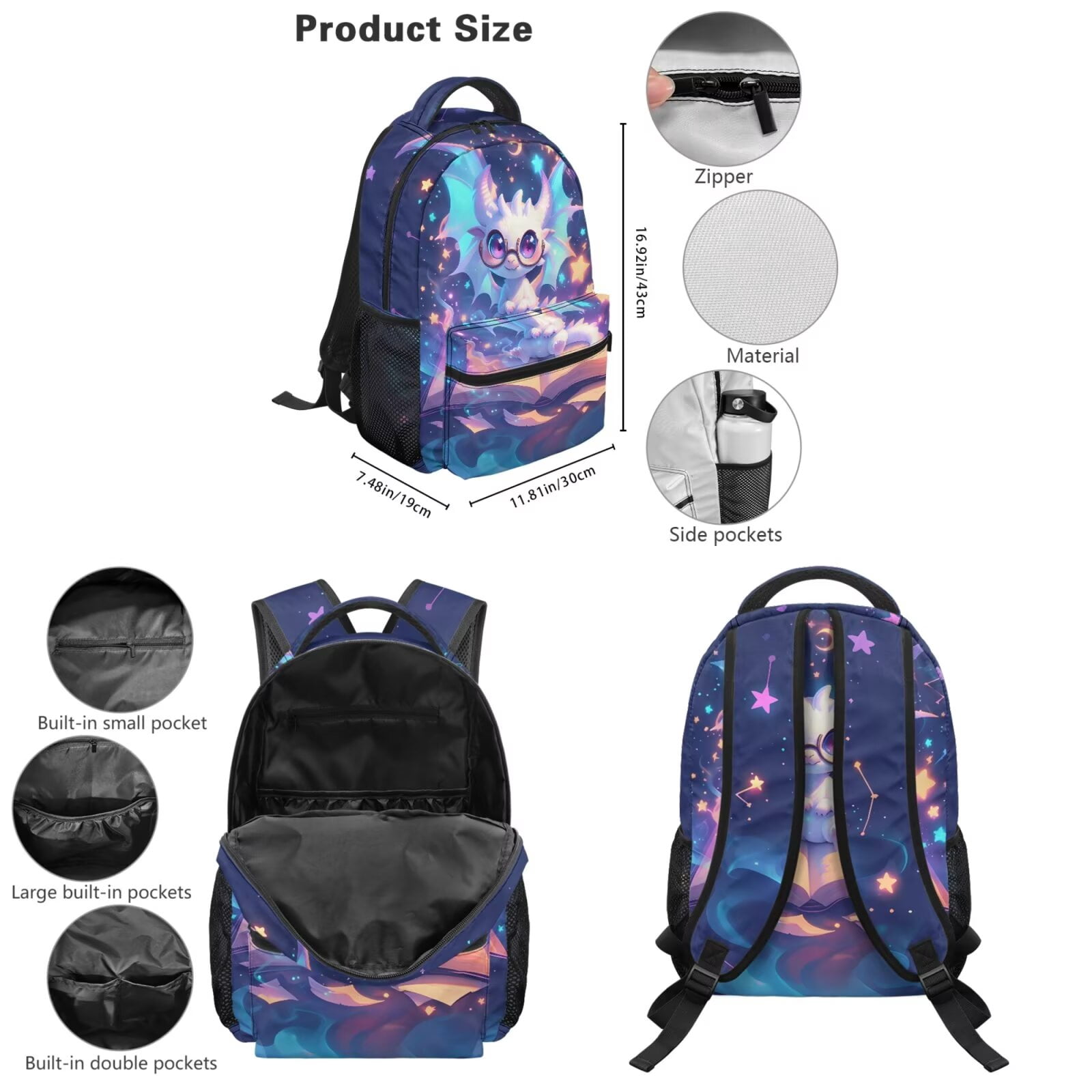 Pzuqiu Galaxy Cute Dragon Backpack for Girls 5 Piece School Bookbag with Lunch Bag Lightweight School Bag for Girls 10-12 Elementary Backpack with Water Bottle Bag Pencil Box