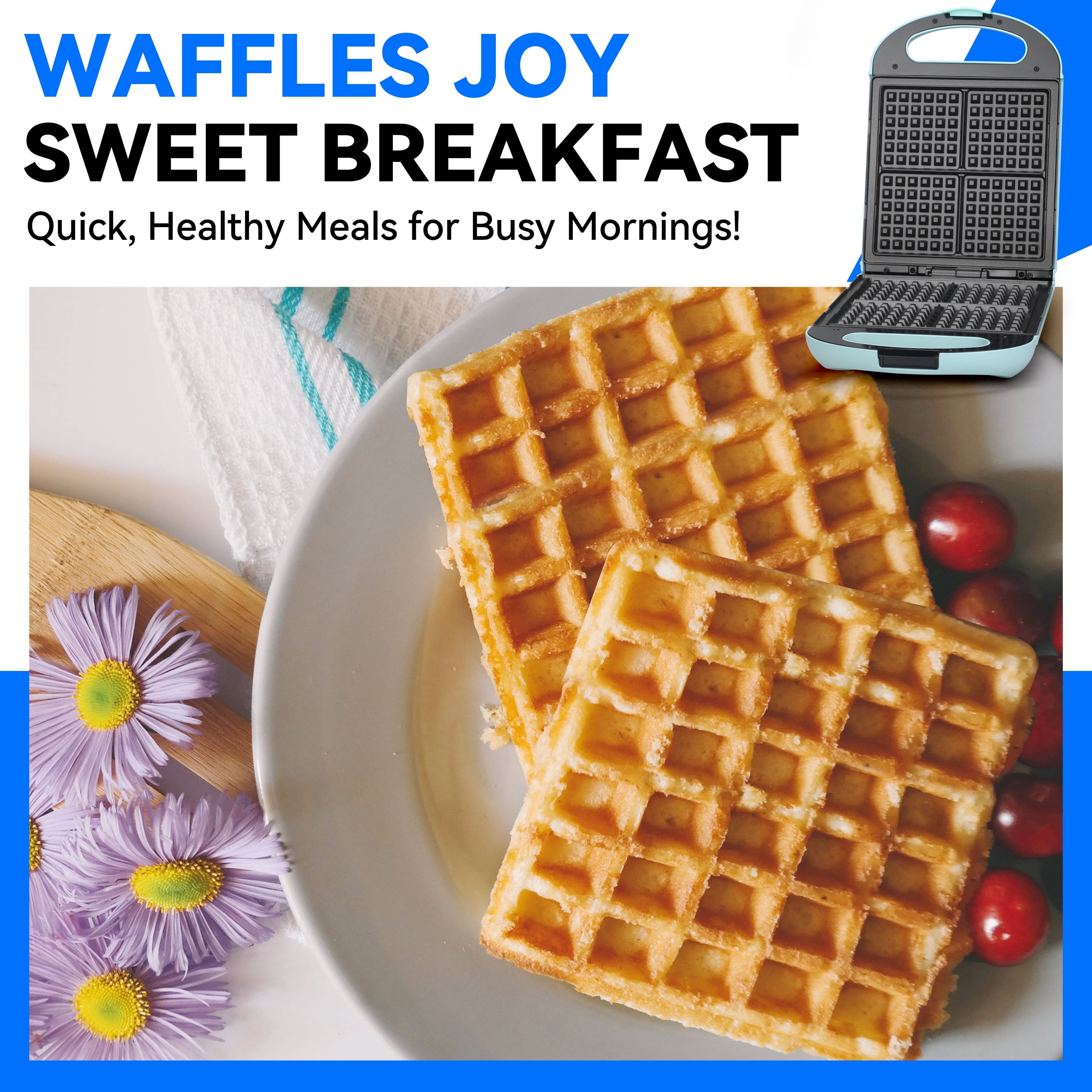 Mailand 4-Slice Belgian Waffle Maker, Square Waffle Iron, Classic Waffle Wafflera with Non Stick Coating, 1000W, Aqua