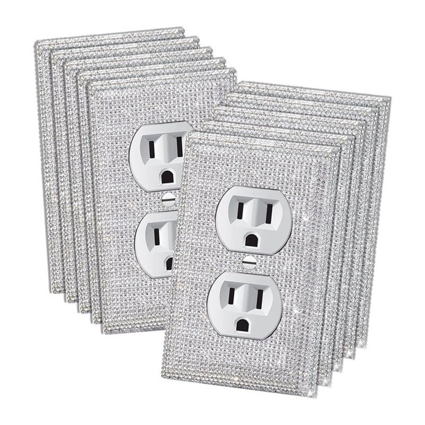 Paquete de 10 Cubiertas y Enchufes para Interruptores Luz, Placas Pared con Diamantes Imitación Brillantes, Brillantes Color Plateado