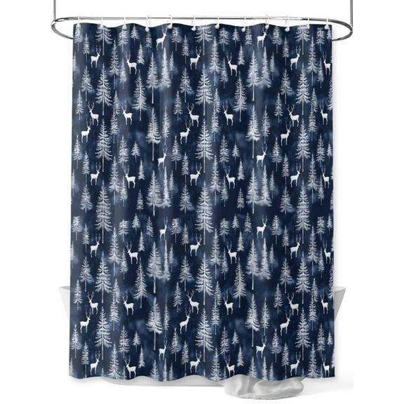 Navy Blue Christmas Shower Curtain Set, Waterproof Shower Curtains for Bathroom, Xmas Tree Elk Christmas Washable Fabric Cloth Bath Curtain for Bathtub Decoration with Hooks 48x72 Inches