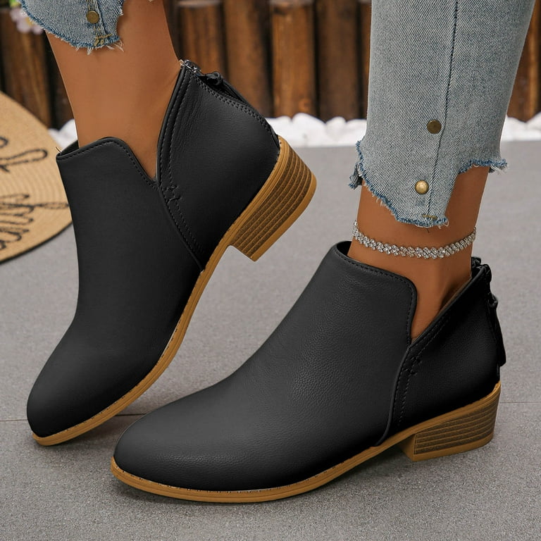 Modisza Women's Ankle Boots Chunky Low Heel Cutout Short Booties Suede  Dress Western Fall Slip on Shoes with Zipper Brown 6