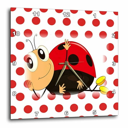3dRose Print of Smiling Ladybug Rests On Red Dots, Wall Clock, 15 by