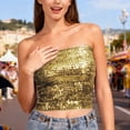 thumbnail image 6 of Felirenzacia Womens Strapless Cropped Bandeau Tube Tops Classic Sleeveless Going Out Carnival Mardi Gras Sequins Top, Gold,Free Size, 6 of 8