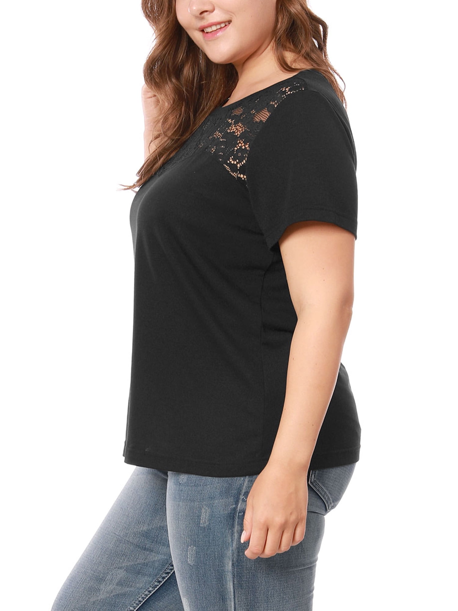 Unique Bargains Women's Plus Tops Lace Panel Round Neck Short Sleeve Blouse