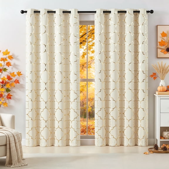 Junvictex Beige Foil Gold Blackout Window Curtains for Living Room Metallic Print Sets Grommet Top,52"Wx95"L,2 Panels