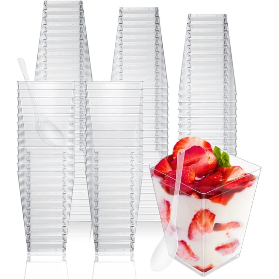 100 Pack 5 oz Dessert Cups with Spoons,Plastic Dessert Cups,Clear Square Parfait Cups,Mini Appetizer Cups,Shooter Cups for Party Desserts,Pudding Fruit and Ice Cream
