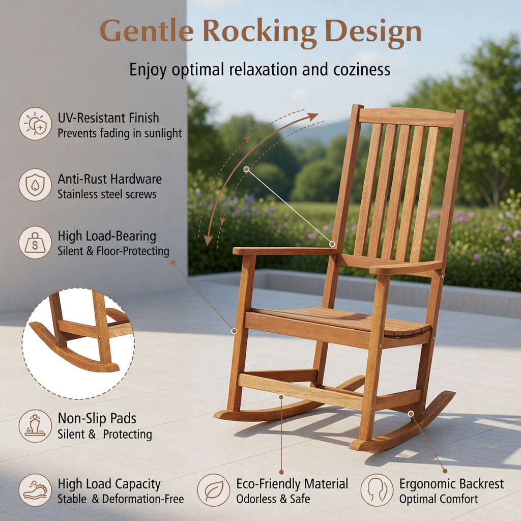 Hommoo Ergonomic Hardwood Patio Rocking Chair, High-Back Outdoor Rocker with Smooth Rocking Base for Backyard, Porch & Balcony, Natural