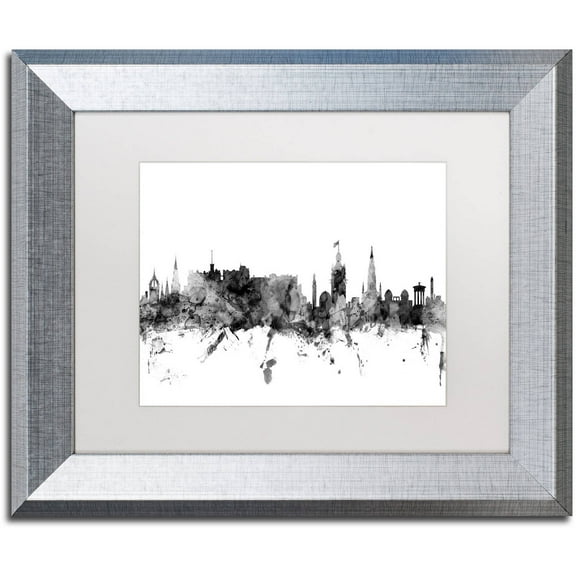 Trademark Fine Art "Edinburgh Scotland Skyline B&W" Canvas Art by Michael Tompsett, White Matte, Silver Frame