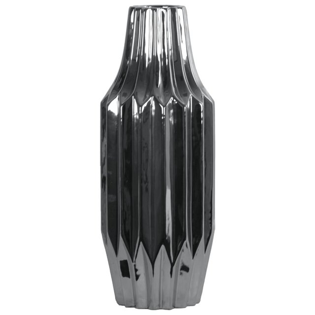 Round Ribbed Patterned Vase With Broad Mouth In Ceramic , Large, Silver