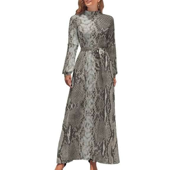 Brown Snakepattern Dress Animal pattern Print Simple Bohemia Dresses Women Long-Sleeve High Waist Cute Long Maxi Dress