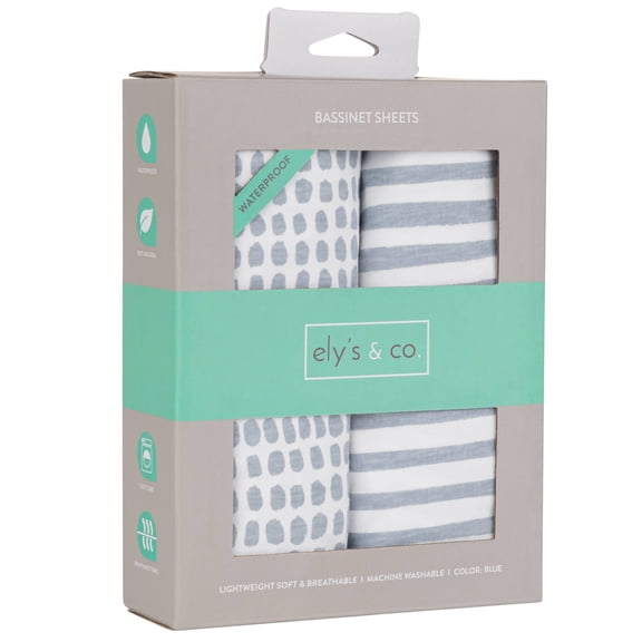 Elys & Co. Patent Pending Waterproof Bassinet Sheet 2-Pack Set for Baby Boy - 100% Cotton, Jersey Knit Cotton Sheets with Waterproof Lining Misty Blue, Stripes and Splashes