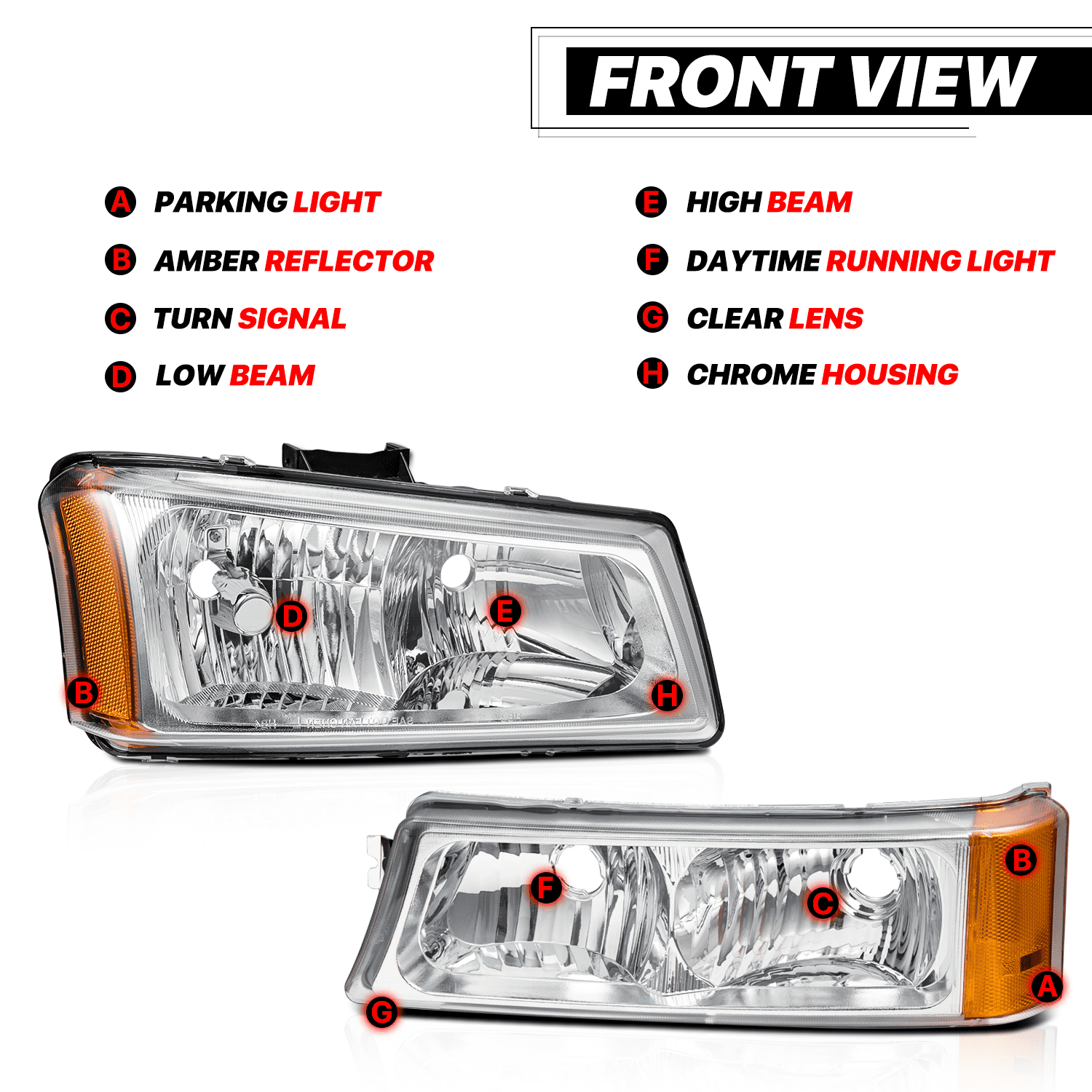 M-AUTO Pair Headlamp Replacement for 03 04 05 06 07 Chevy Silverado/Avalanche Truck, Chrome Housing Clear Lens Amber Corner