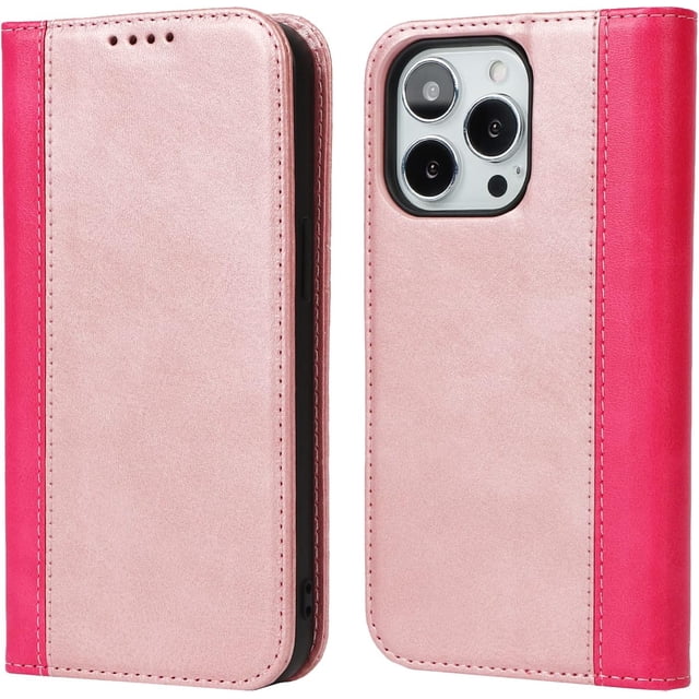 GHSDFBB étui iPhone 14 pro max avec Porte-Cartes, étui portefeuille iPhone 14 pro max pour Femmes, étui de Téléphone à Rabat en Cuir pour Hommes, étui portefeuille pour Femmes - Or Rose et Rouge Rose