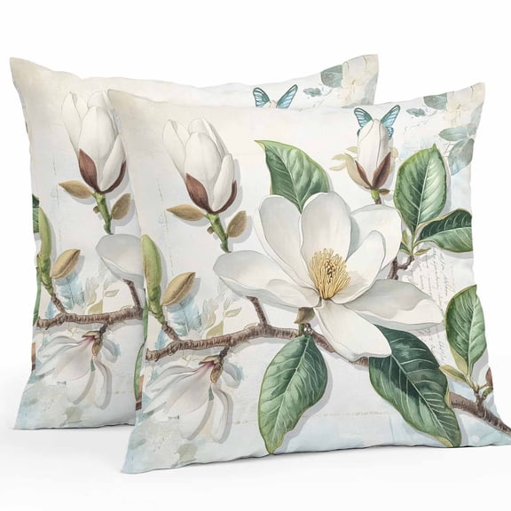 Throw Pillow Covers 24x24 Inch Set of 2, White Floral Waterproof Outdoor Pillow Covers, Botanical Magnolia Flower Leaves Butterfly Decorative Cushion Pillowcases for Couch, Sofa, Bed, Garden, Patio