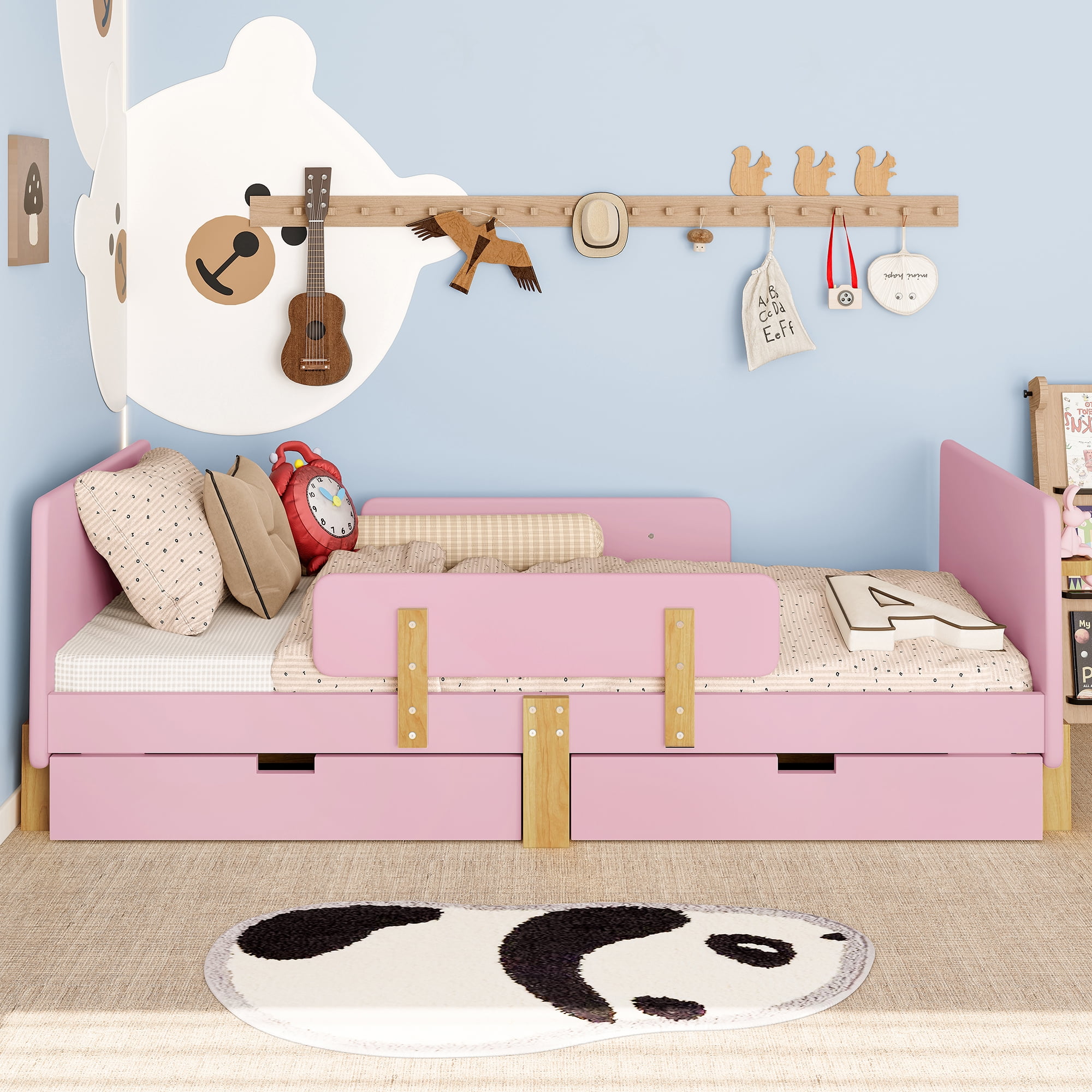 Yoneston Twin Size Kids Platform Bed with 2 Storage Drawers, Solid Wood Todder Bed Frame with Guardrails and Hooks for Boys Girls, Pink