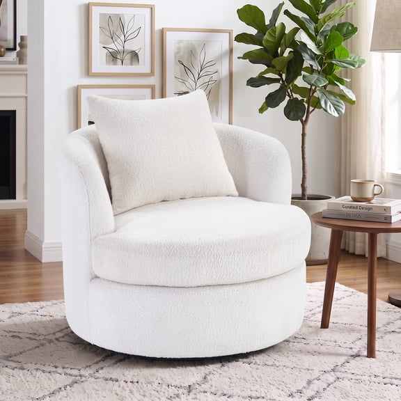 Ebello Swivel Accent Chair, 360° Round Swivel Barrel Chair with Pillow, Widened Upholstered, Lamb Wool Fabric Detachable Cushion for Living Room, White