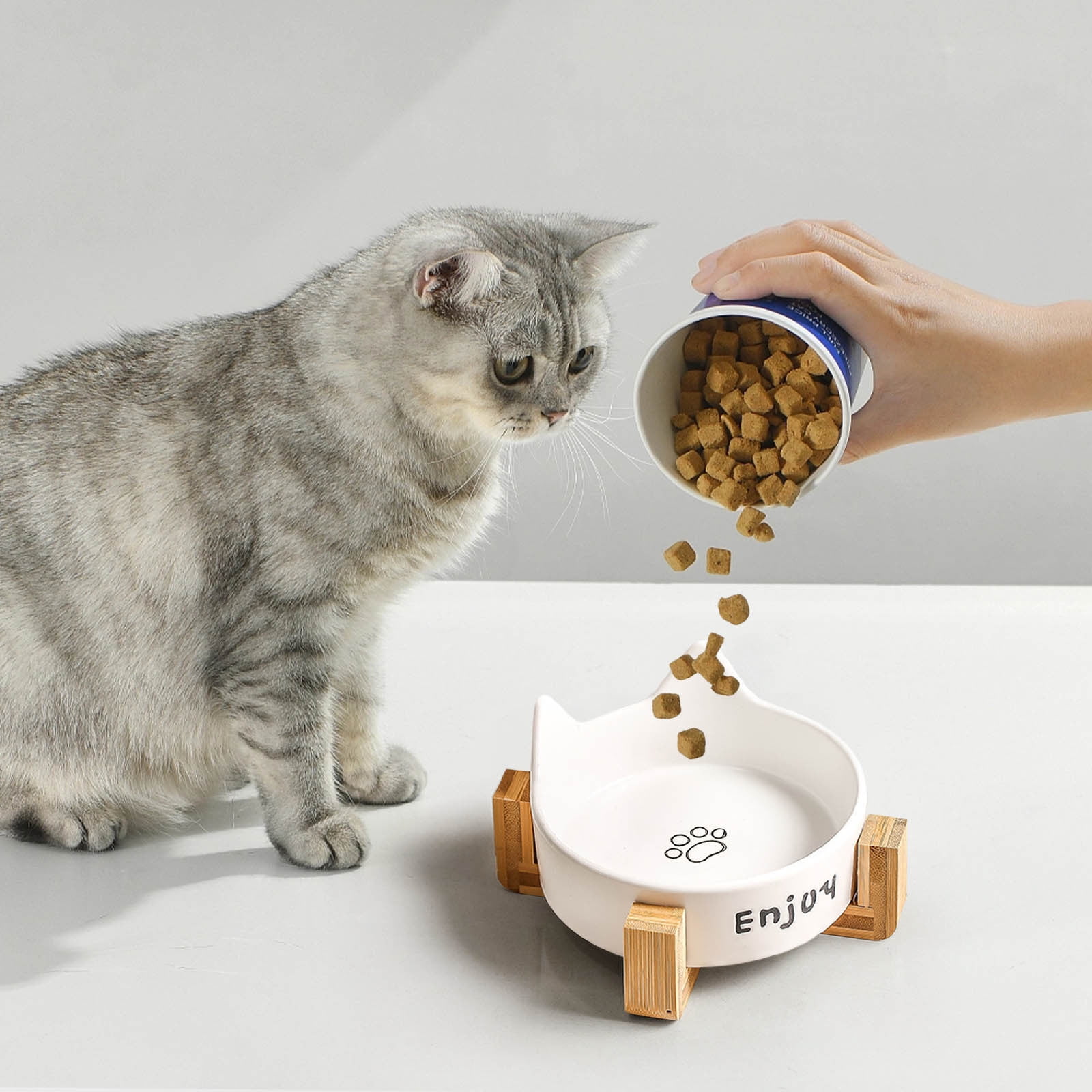 Ceramic Dog and Cat Bowl with Non Slip Wooden Stand, Elevated Pet Food and Water Bowl Set, Stylish Modern Raised Dish for Small Dogs and Cats