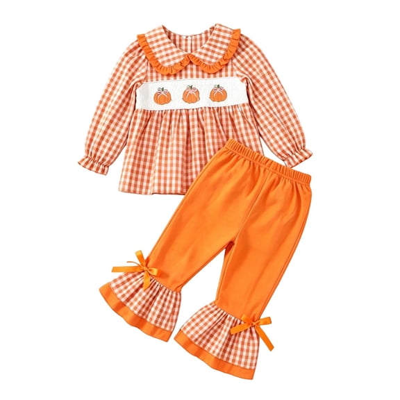 ZHOGXU Baby Girls Halloween Outfit Long Sleeve Plaid Pumpkin Embroidery Top Bowknot Flare Pants 2PCS Set For Kids,Orange,12-18 Months
