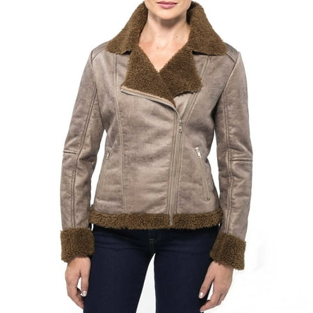 Shearling Leather Coat - Alpine Swiss Eva Women's Motorcycle Jacket Racer Coat Biker Scuba Faux Shearling Brown Small
