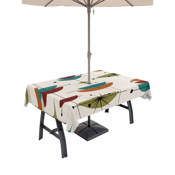 52x70 Inch Outdoor Tablecloth with Umbrella Hole Zipper Rectangle Wine Red Boho Rectangular Tablecloths Outside Waterproof Orange Geometric Bohemian Color Block Patio Table Cover for Picnic Party