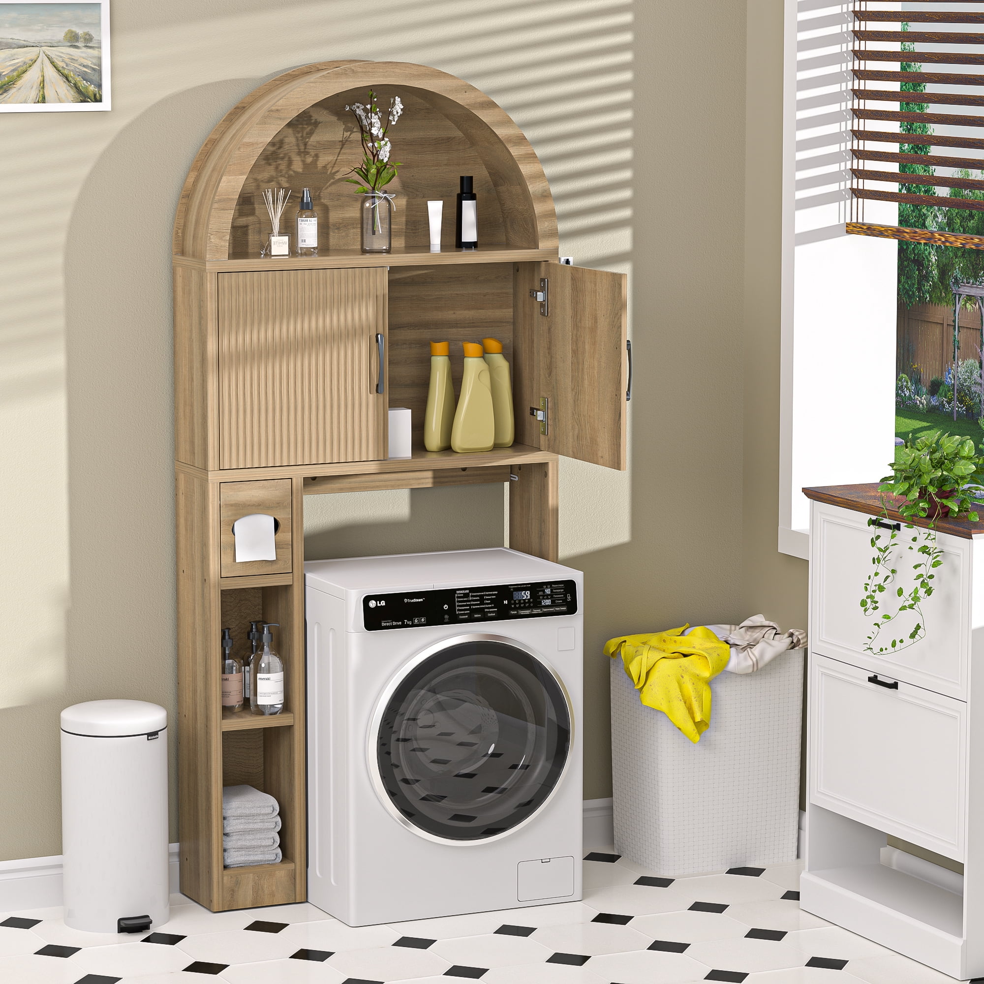 HARIPUL Over The Toilet Storage Cabinet w/ Unique Wood Grain & Arc Design, Freestanding Bathroom Shelf Organizer Space Saver w/ Doors & Anti-Tip Device, Wood Color