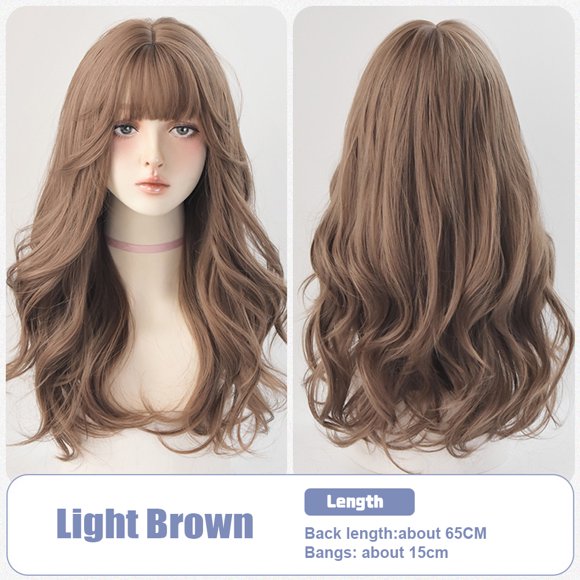 Long Wavy Wig Human Hair with Bangs and Wig Cap Glueless Natural Layered Synthetic Curly Wigs 25 Inch