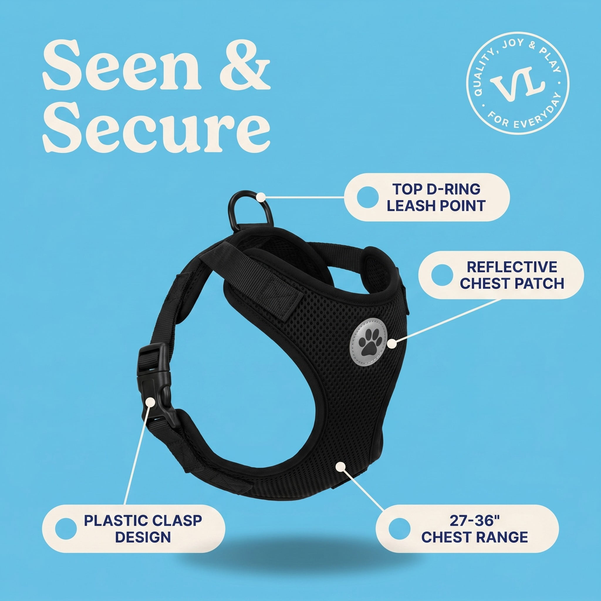 (3 pack) Vibrant Life Reflective Mesh Adjustable Dog Harness, Black, Large