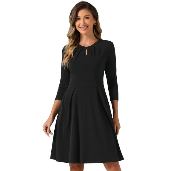DARING DIVA Pleated Keyhole Neck A-Line 3/4 Sleeve Dress XS Black