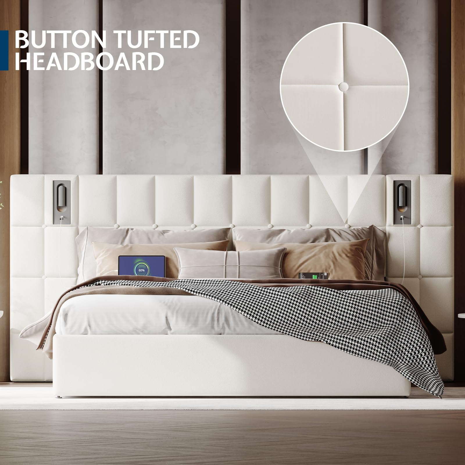 Merluxy King Size Upholstered Bed Frame with Widened Headboard,Lift-Up Storage Bed and Built-In Reading Light, Velvet Platform Frame,Cream